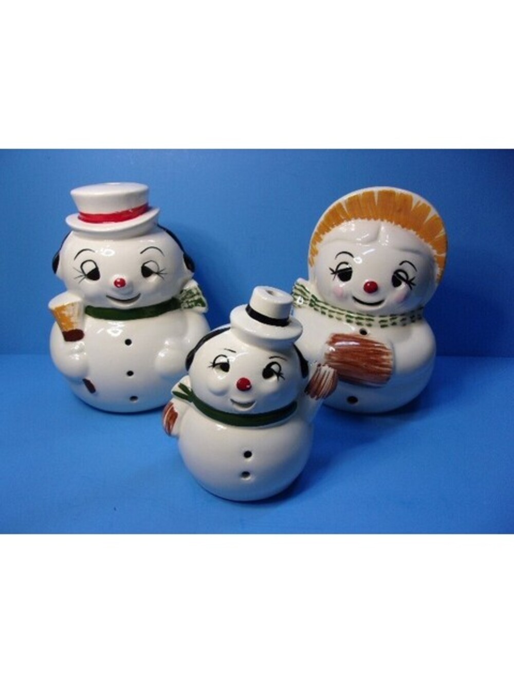 Vintage Set of 3 Snowman Ceramic Candle Covers Figures 1950's Davlee California